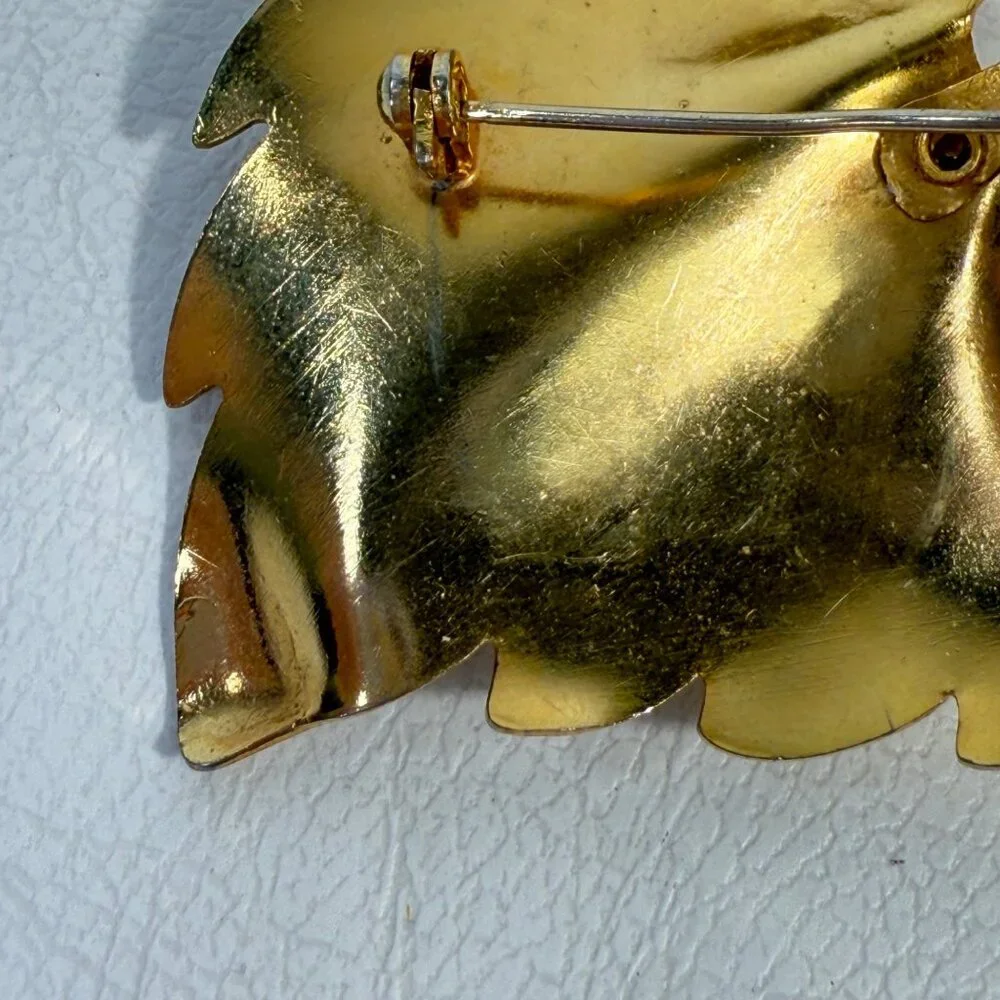 Vintage Leaf Brooch Gold-Tone Faux Pearl‎ Statement Retro